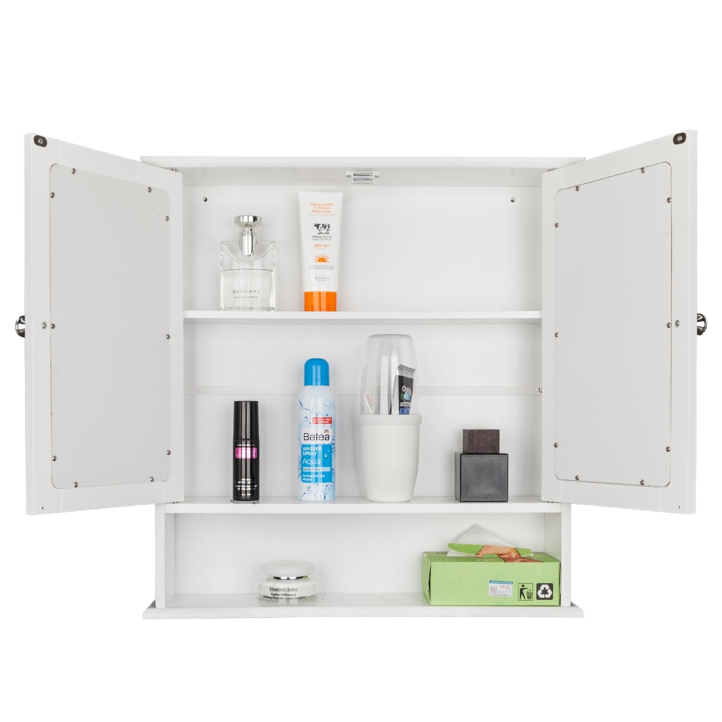 Double Door Mirror Indoor Bathroom Wall Mounted Cabinet Shelf White-DK
